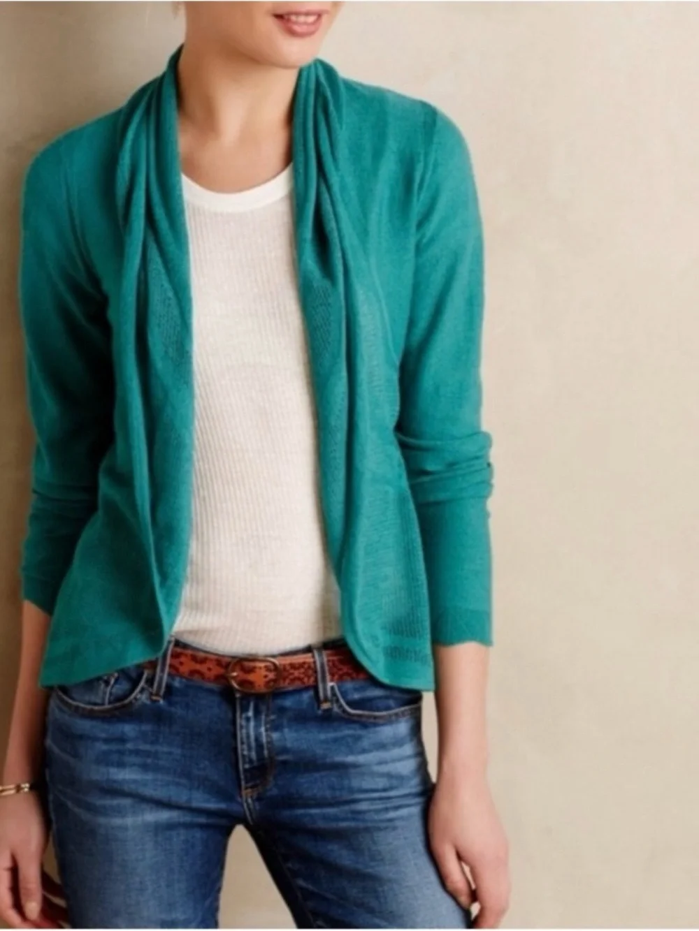 Angel Of The North Brushed-Horizon Open-Front Teal Cardigan Sweater - Picture 15 of 15